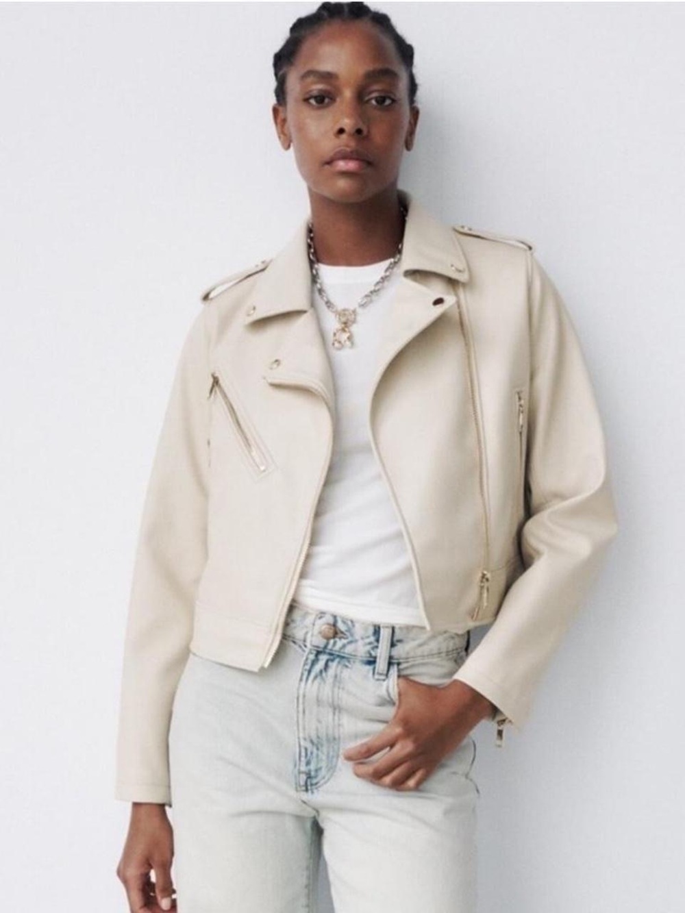 ZARA Beige Cream Biker-Style Leather Jacket - Picture 2 of 5